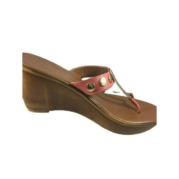A Giannetti Womens Italian Size 9 Wedge Heels Coral Brown Pink Gold Slip On Sand - Picture 10 of 11